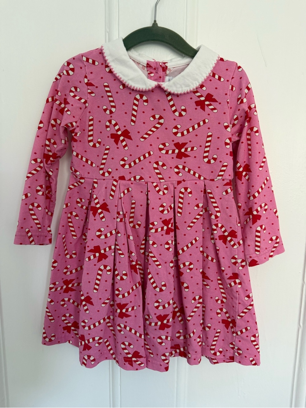 Rachel Riley Pink Candy Cane Print Dress with White Peter Pan Collar